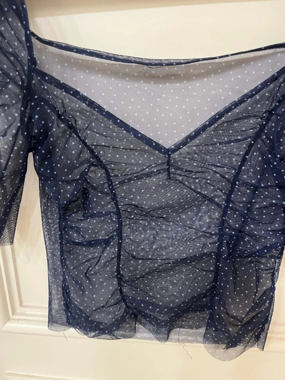 Zara Sheer Navy Polka Dot Puff-Sleeve Top. Small